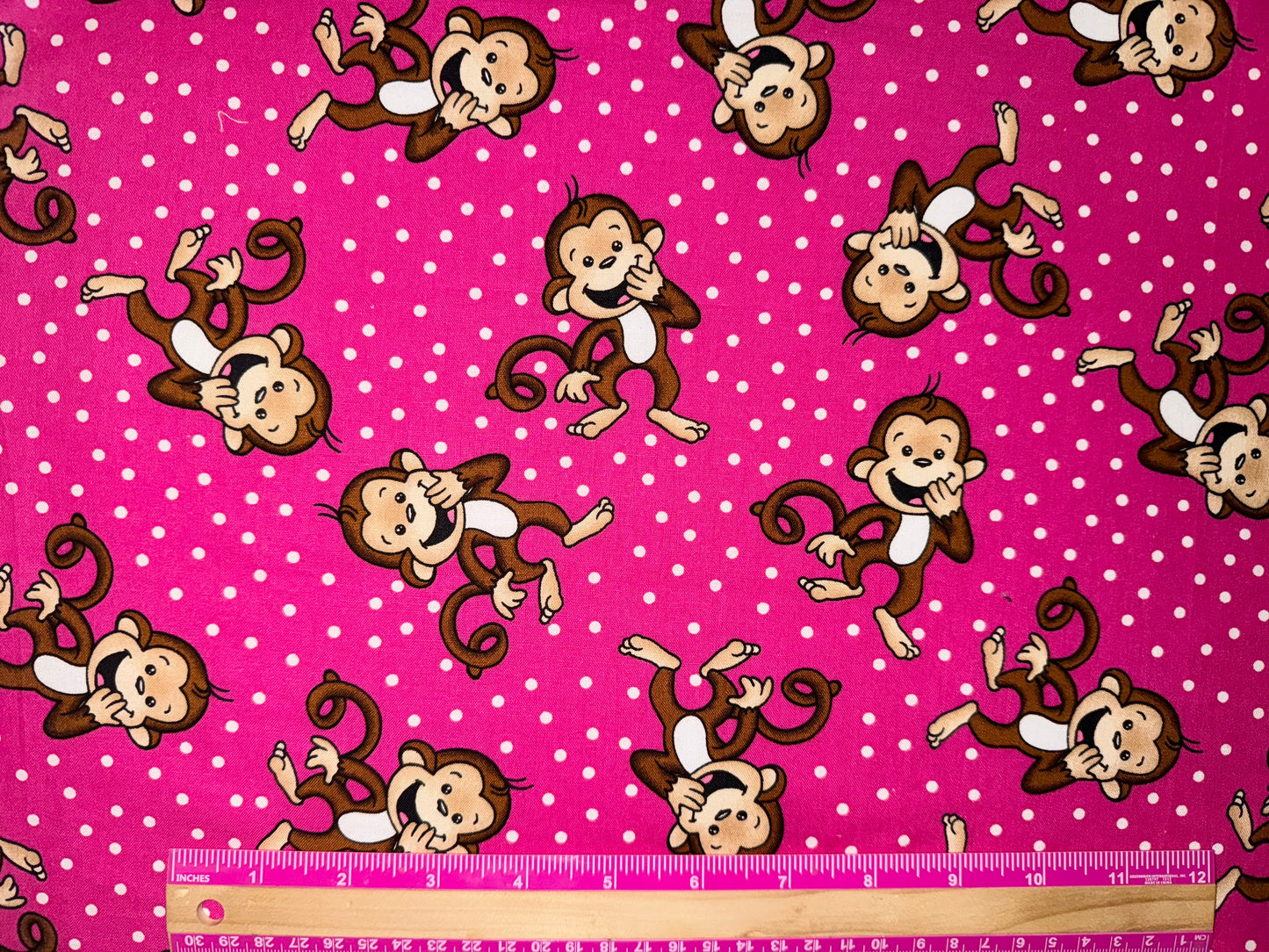 Cute Monkey Pink Polka Dot Cotton Fabric, Fat Quarter