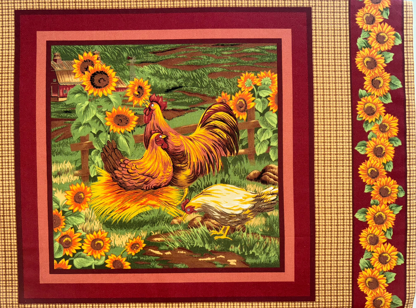 Sunflowers Chickens & Roosters 2 Sided Pillow Panel by VIP Cranston 2010 18”x42”