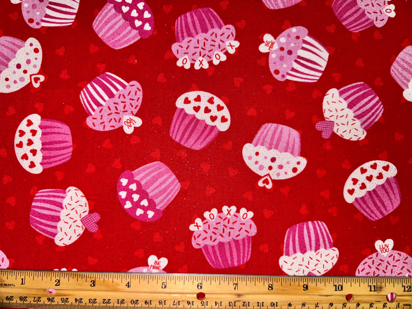 Red & Pink Hearts Cupcake Glitter Cotton Fabric