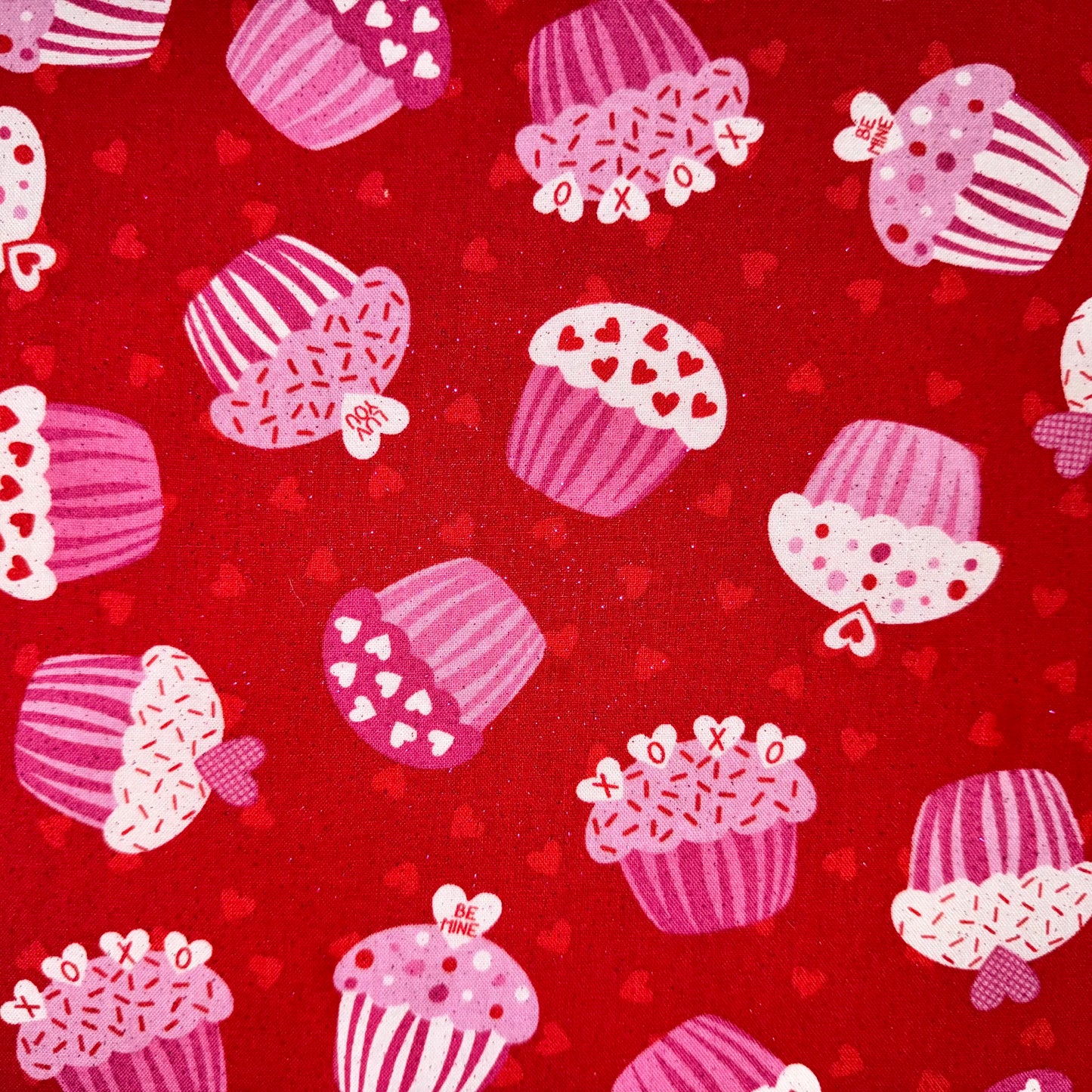 Red & Pink Hearts Cupcake Glitter Cotton Fabric