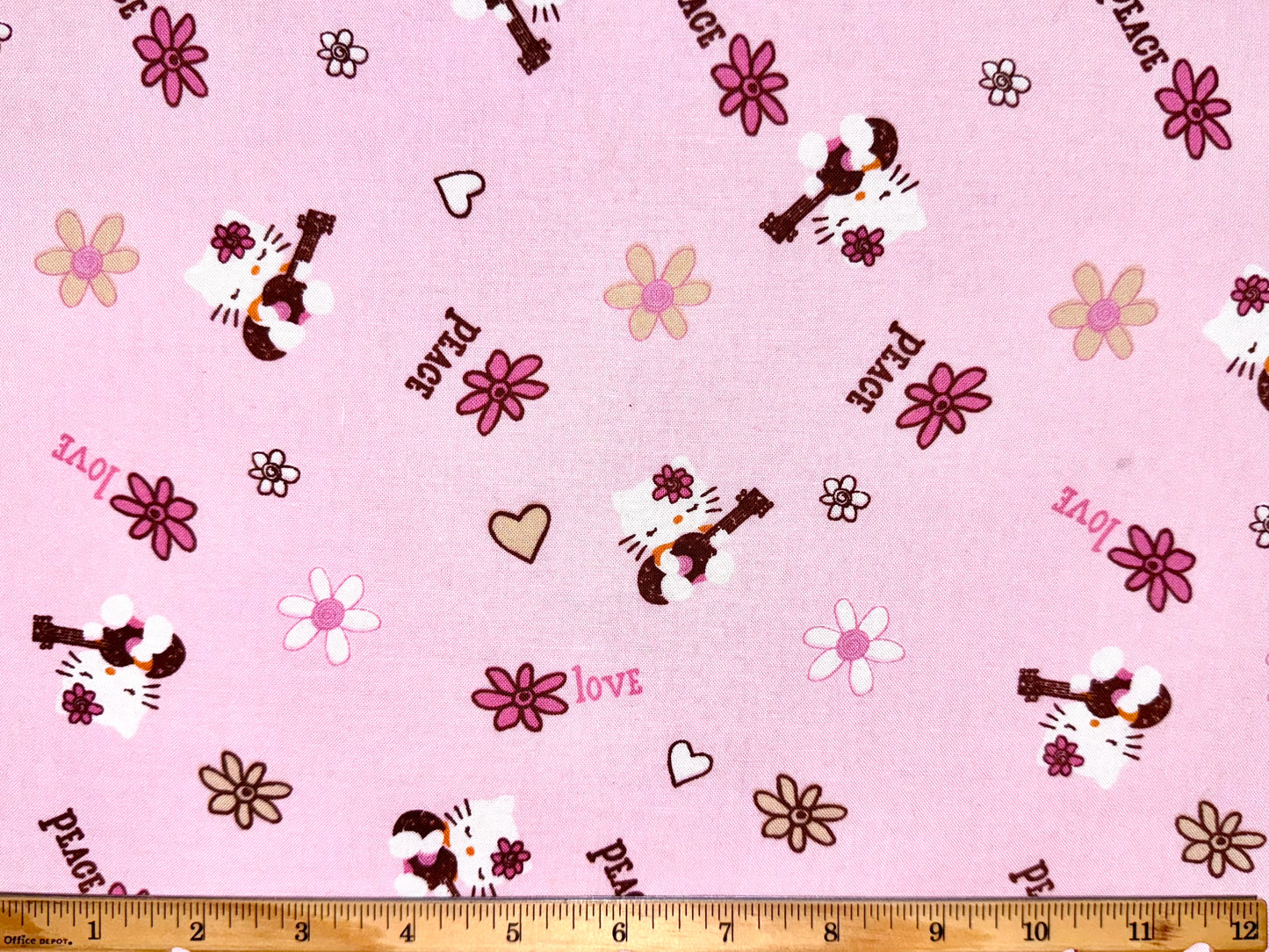 Hello Kitty Peace Guitar Fabric Licensed Cotton Pink