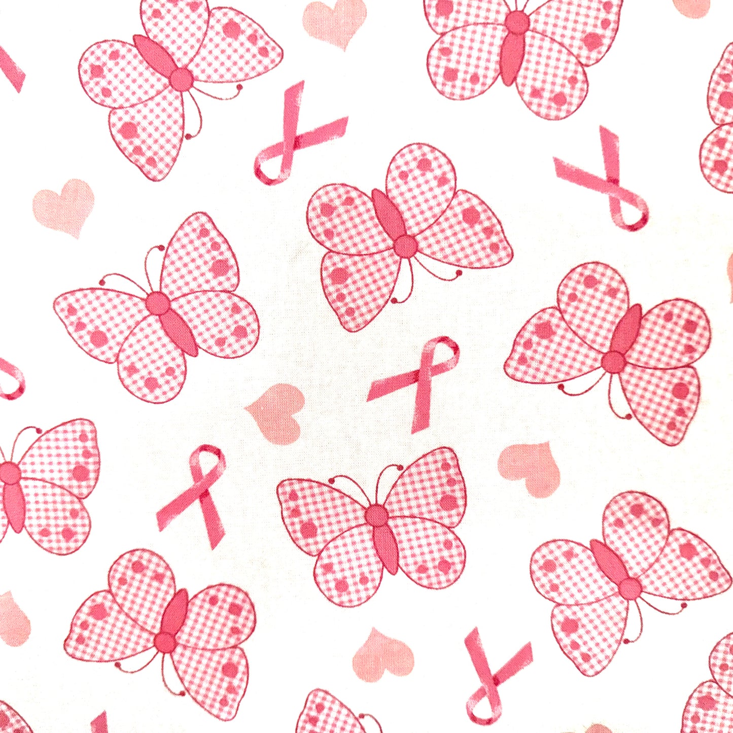 Breast Cancer Awareness Pink Ribbon Butterfly White Cotton Fabric - Half Yard