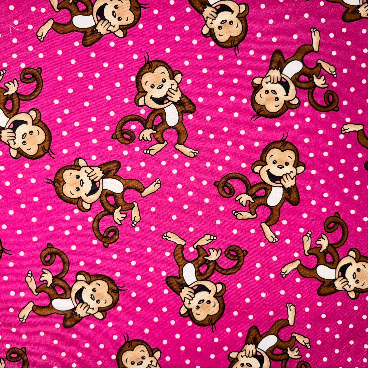 Cute Monkey Pink Polka Dot Cotton Fabric, Fat Quarter