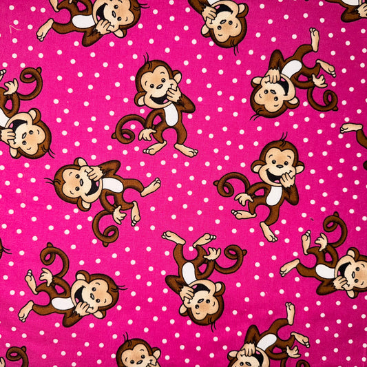 Cute Monkey Pink Polka Dot Cotton Fabric, Fat Quarter