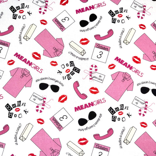 Mean Girls Fabric White Pink Icons Licensed Cotton