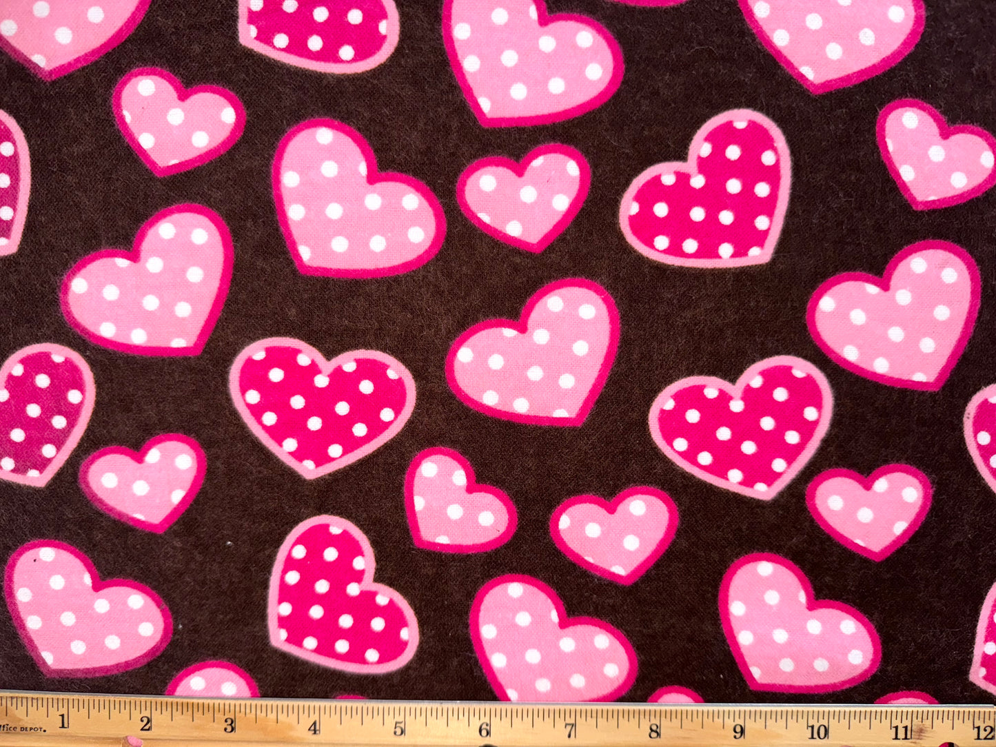 Brown & Pink Polka Dot Heart Flannel Fabric - Half Yard