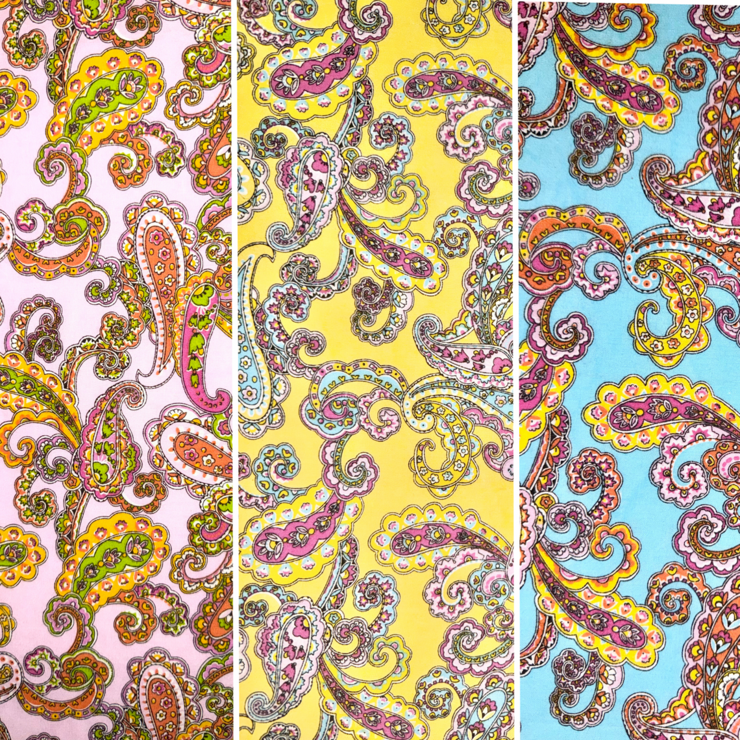 Bright Colorful Paisley Print Fabric in Pink, Yellow, or Blue