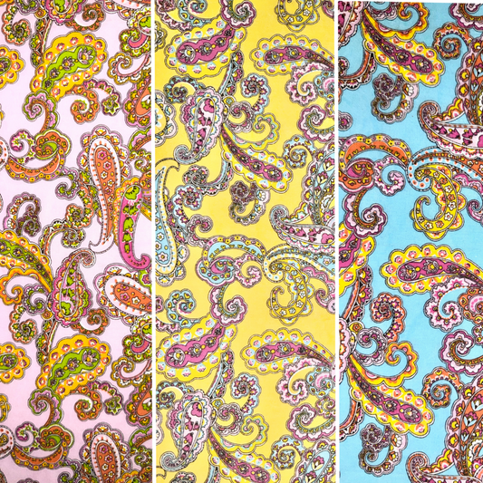 Bright Colorful Paisley Print Fabric in Pink, Yellow, or Blue