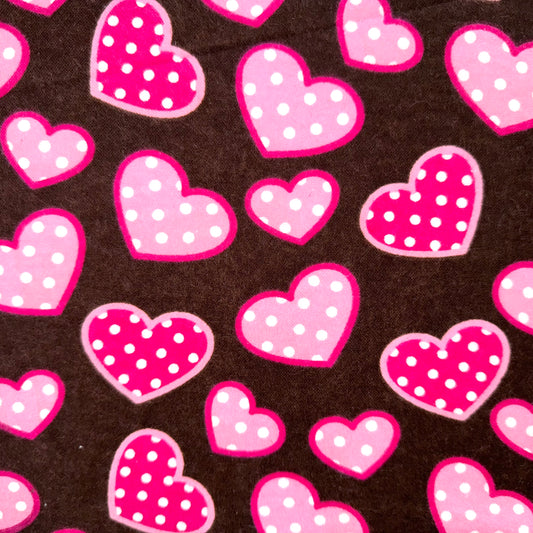 Brown & Pink Polka Dot Heart Flannel Fabric - Half Yard