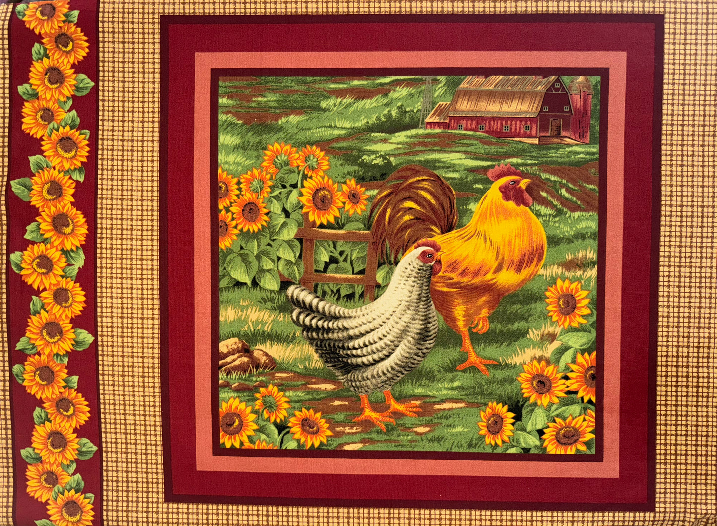 Sunflowers Chickens & Roosters 2 Sided Pillow Panel by VIP Cranston 2010 18”x42”