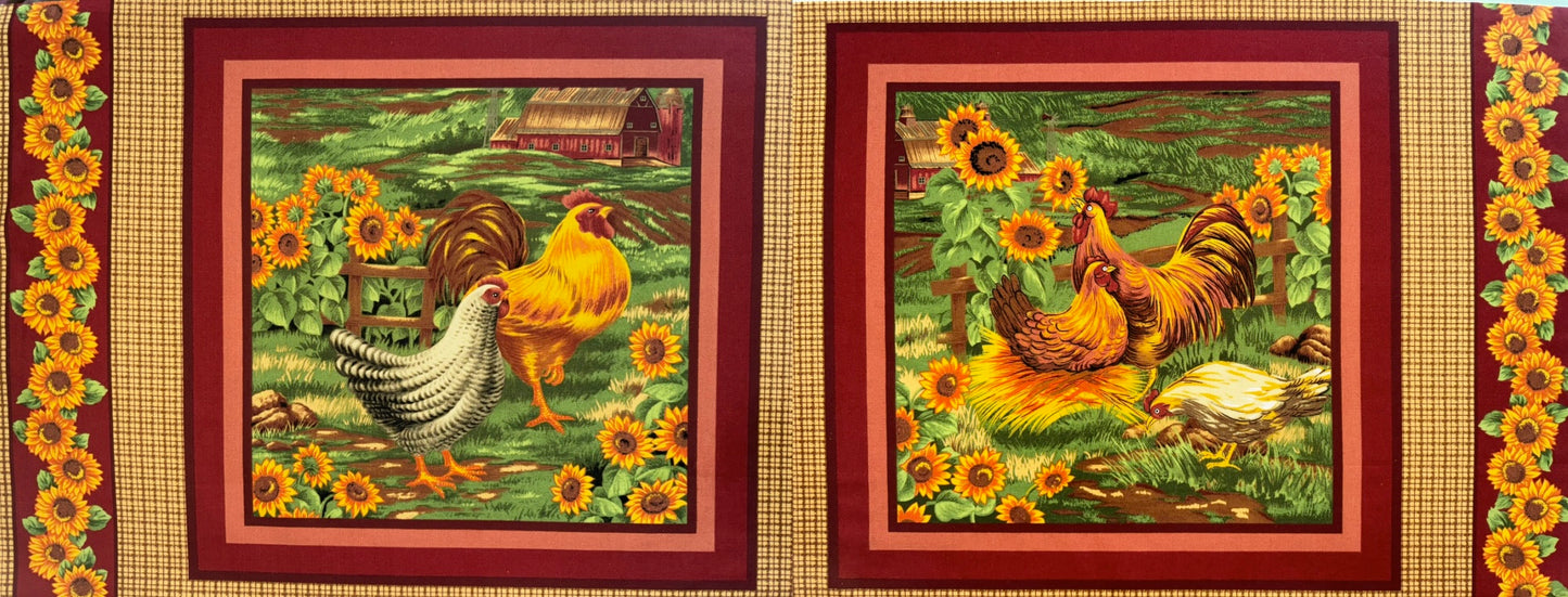 Sunflowers Chickens & Roosters 2 Sided Pillow Panel by VIP Cranston 2010 18”x42”