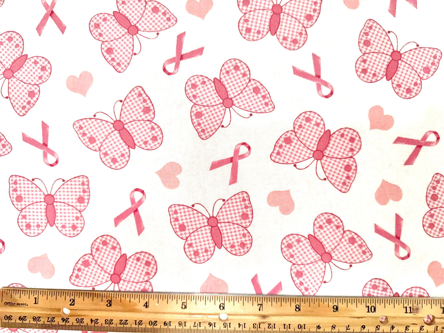 Breast Cancer Awareness Pink Ribbon Butterfly White Cotton Fabric - Half Yard