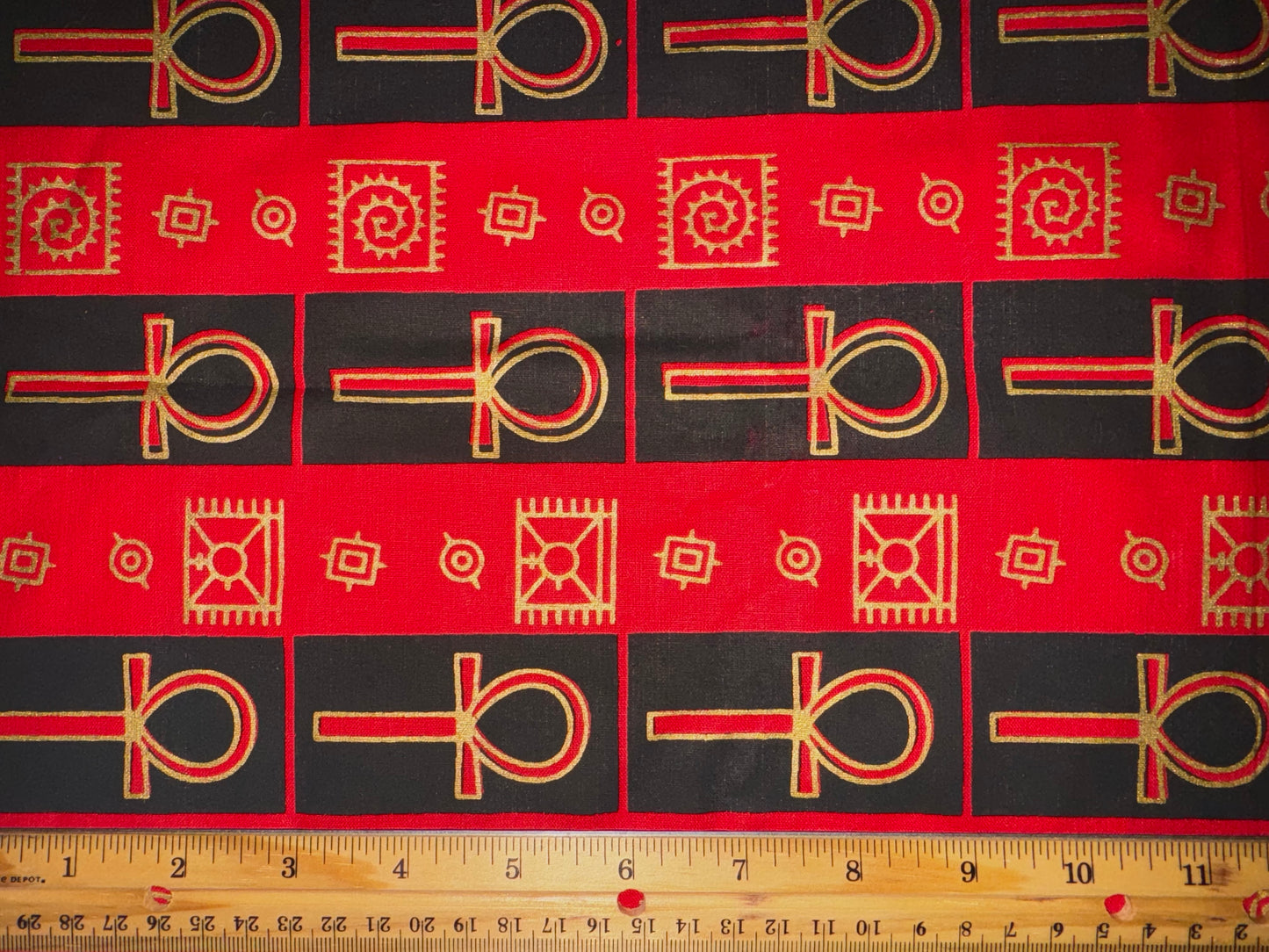 Egyptian Ankh Fabric Metallic Gold, African Wax Cotton Fabric Red & Black Stripes