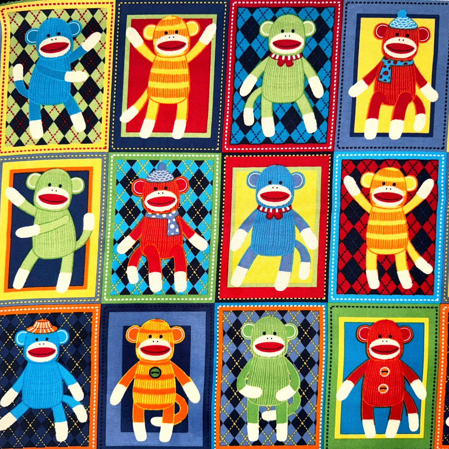 Sock Monkey Rectangle Cotton Fabric - Fat Quarter