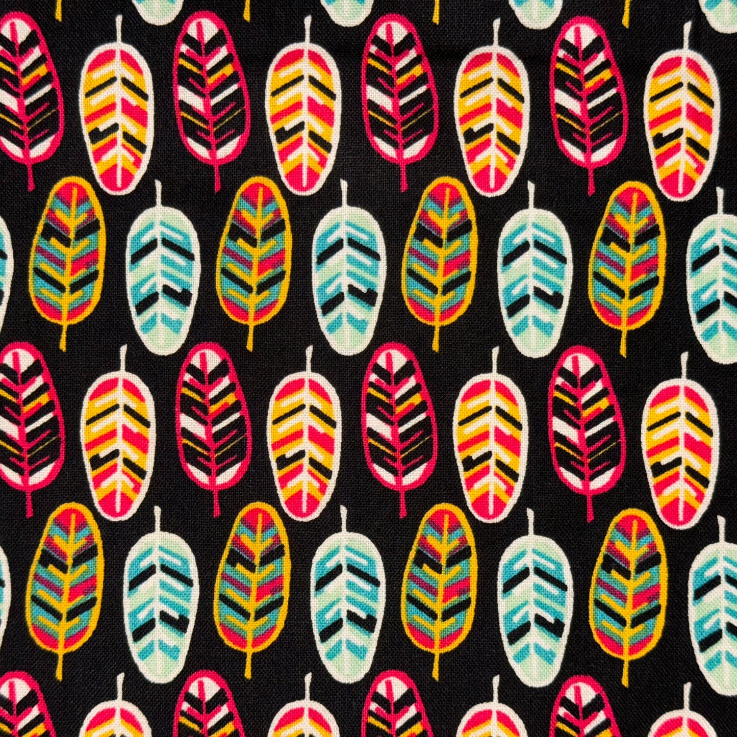 Black Colorful Feather Pattern Cotton Fabric - Half Yard