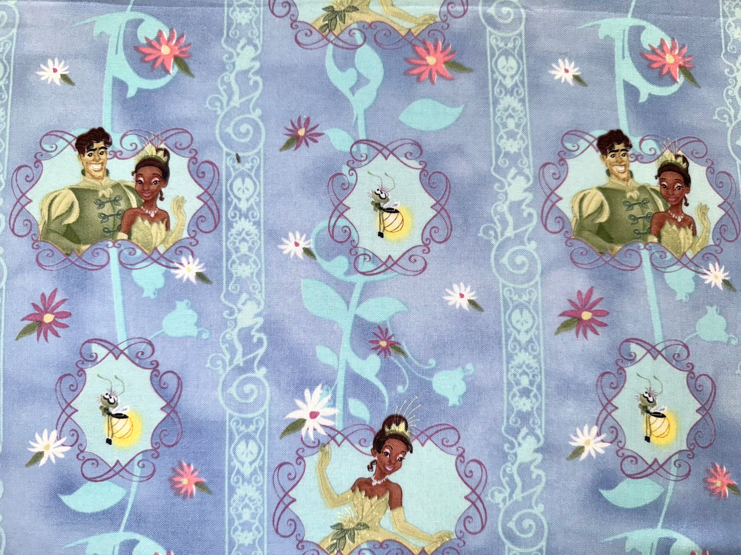 Princess And The Frog Princess Tiana & Prince Naveen Blue Floral Stripes Licensed Cotton Fabric