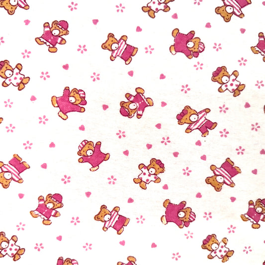 Vintage Retro Teddy Bear Baby White & Pink Flannel Fabric - Fat Quarter