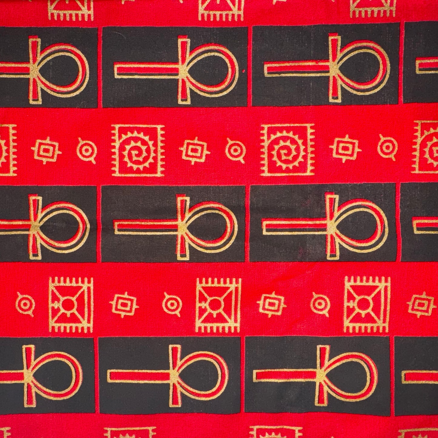 Egyptian Ankh Fabric Metallic Gold, African Wax Cotton Fabric Red & Black Stripes