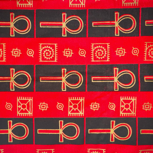 Egyptian Ankh Fabric Metallic Gold, African Wax Cotton Fabric Red & Black Stripes