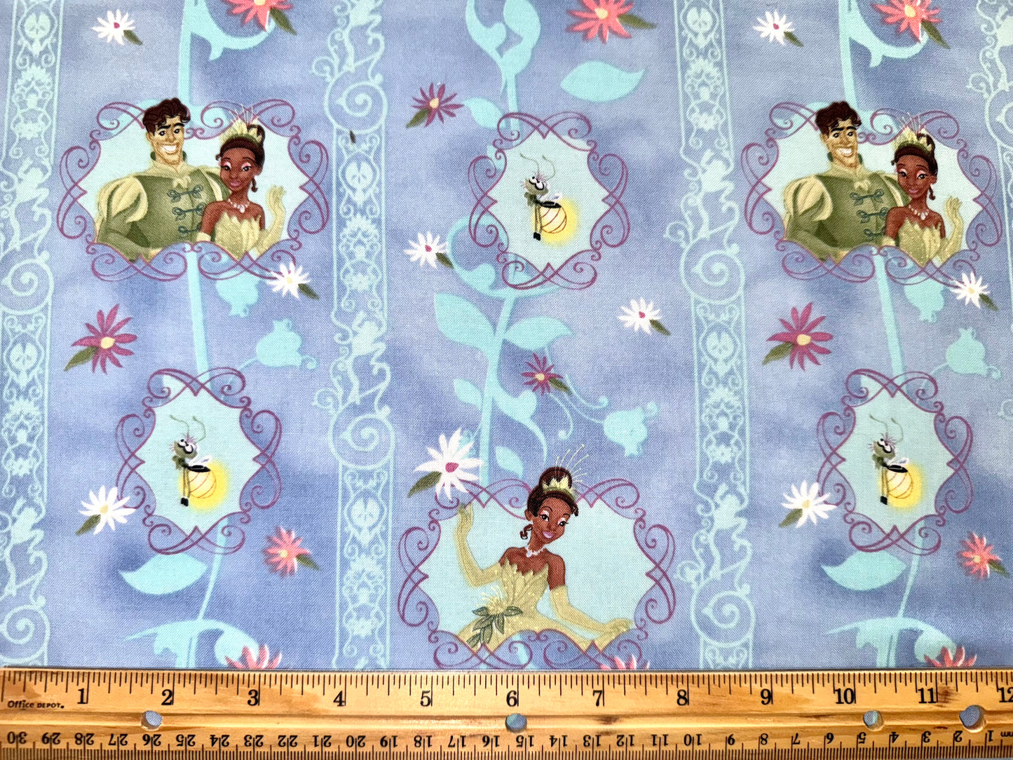 Princess And The Frog Princess Tiana & Prince Naveen Blue Floral Stripes Licensed Cotton Fabric